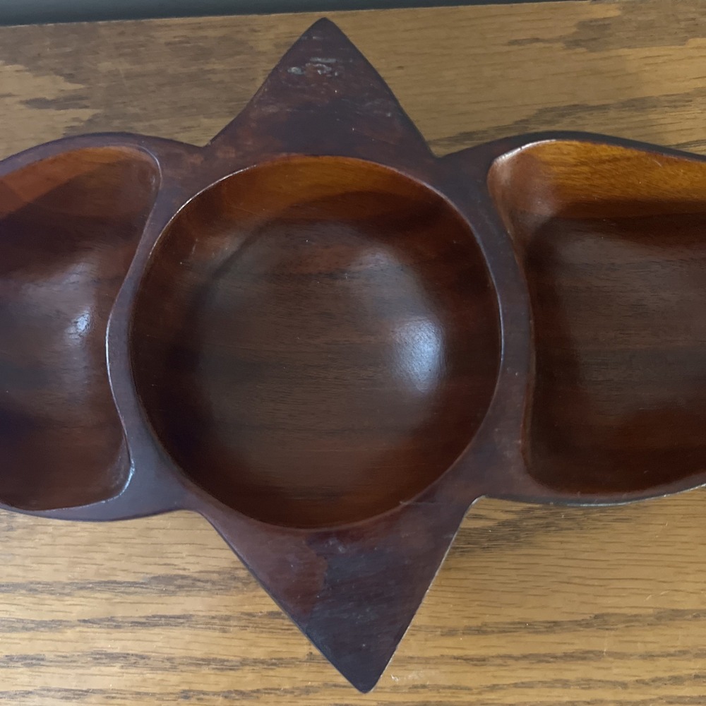 Vintage Solid Wood Bowl Divided Nut Dish Coin Tray Geometric MCM Rare Shape - Picture 3 of 13